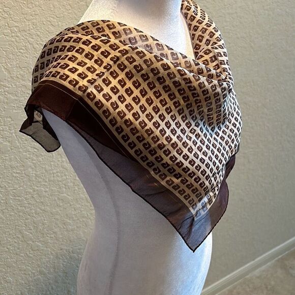 Vintage Pierre Cardin 100% Silk Square Scarf Brown Tan Logo Print Luxury Neutral - Picture 2 of 9